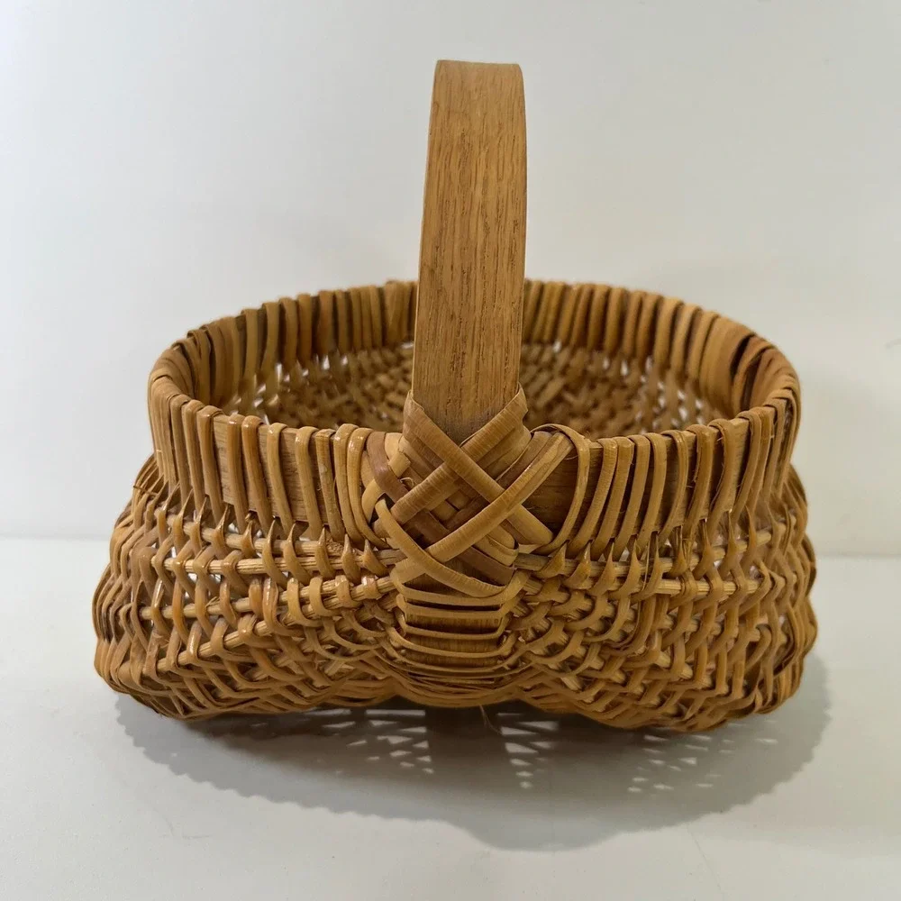 Vintage Woven Wicker Buttocks Basket Small Natural Wood Handle Farmhouse Country